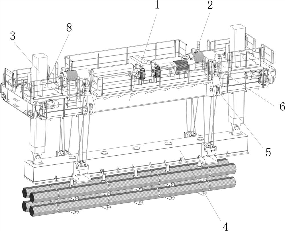 Mechanical anti-swing bridge crane for hoisting bundled round steel