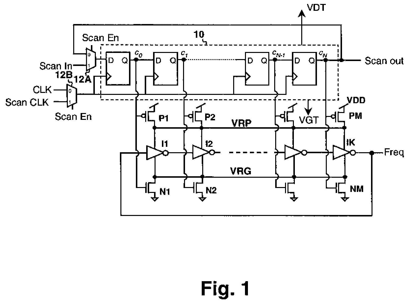 Scannable virtual rail method and ring oscillator circuit for measuring variations in device characteristics