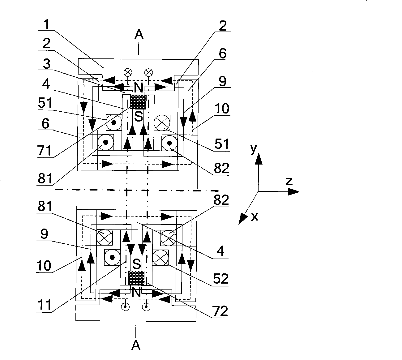 External rotor radial-axial three freedom degree mixed magnetic bearing