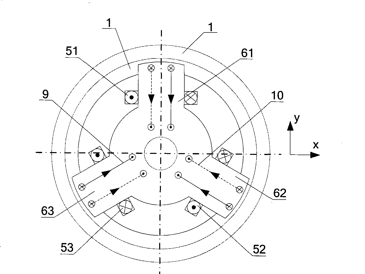 External rotor radial-axial three freedom degree mixed magnetic bearing