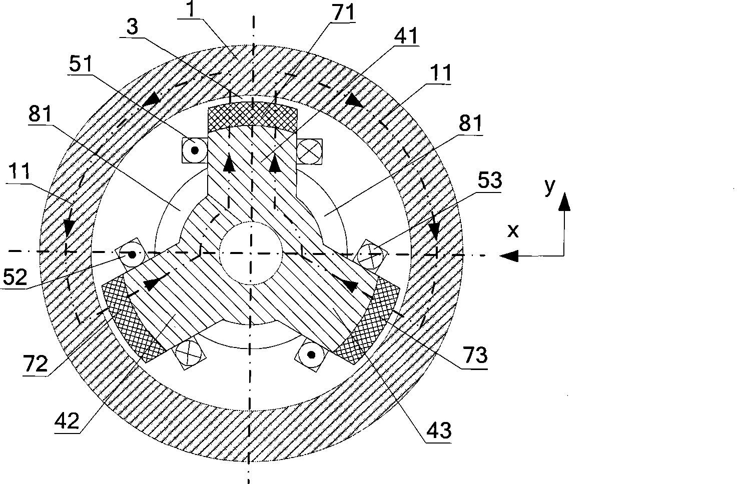 External rotor radial-axial three freedom degree mixed magnetic bearing