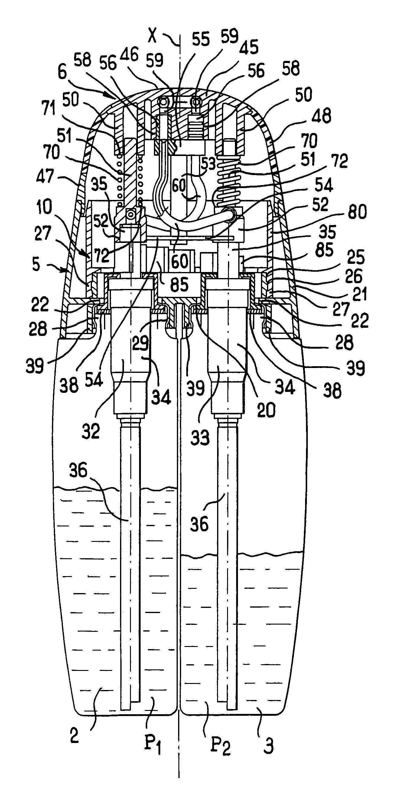 Dispenser device including means that enable two substances to be dispensed in varying proportions