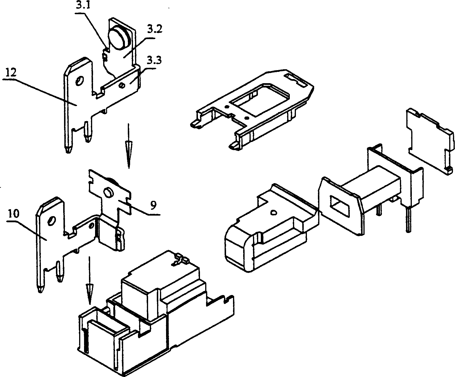 Rapidly connecting electromagnetic relay with protruding arm movable spring extended sheet for limitation