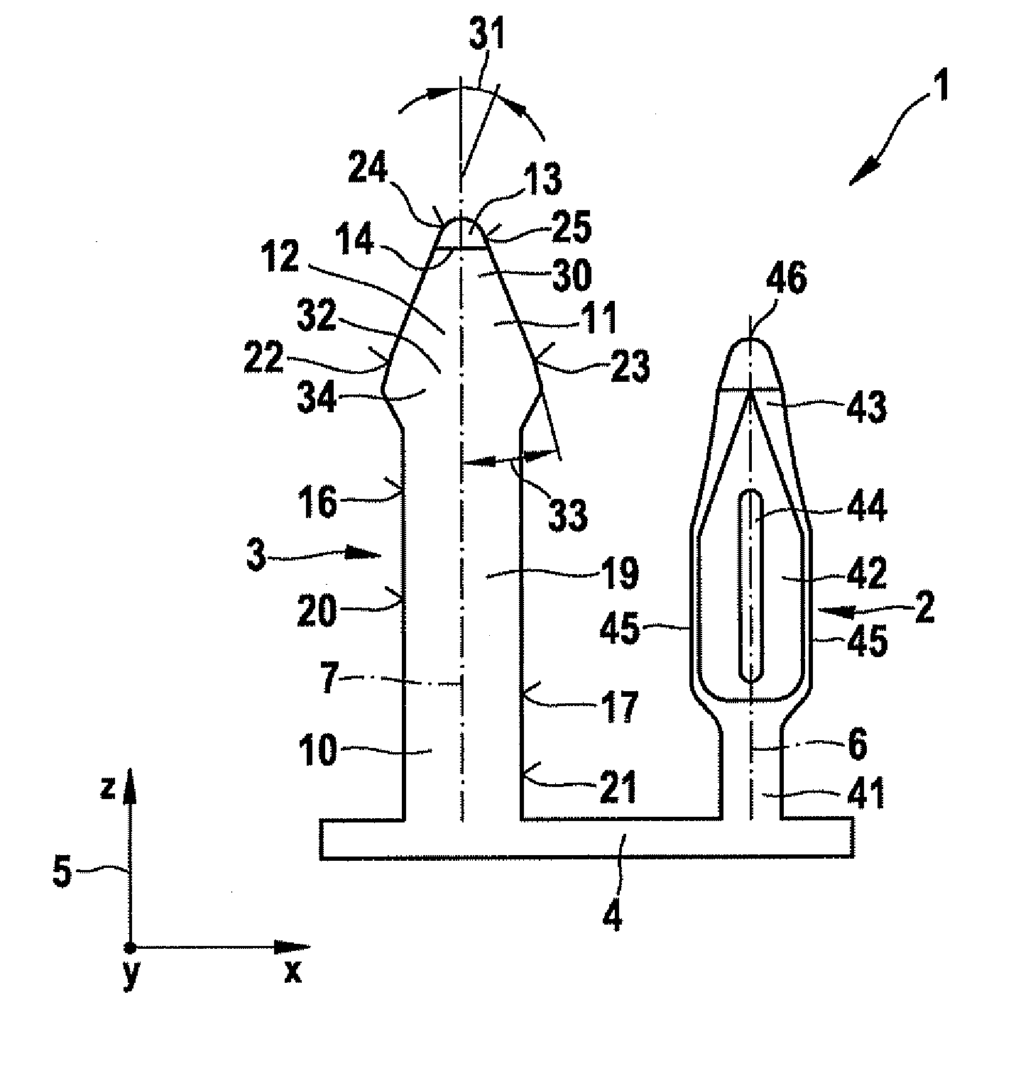 Press-in contact having a base, a contact pin and a second pin