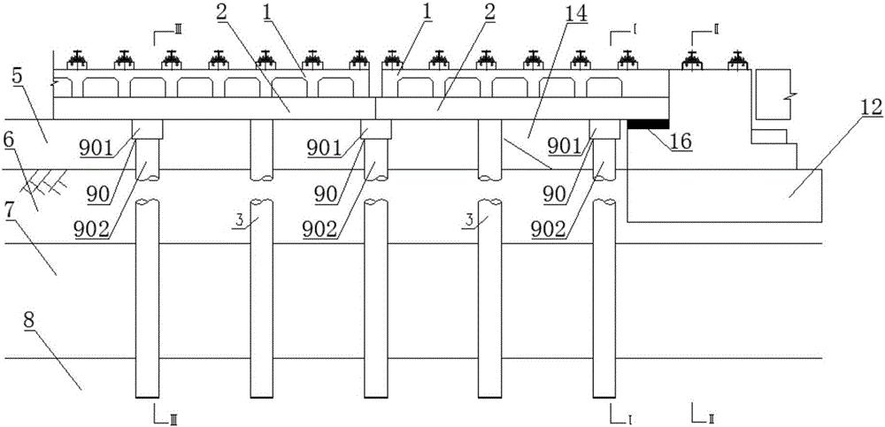 Composite bearing trail beam transition section structure of pile foundation at fill section of medium-low speed magnetic levitation singlet line