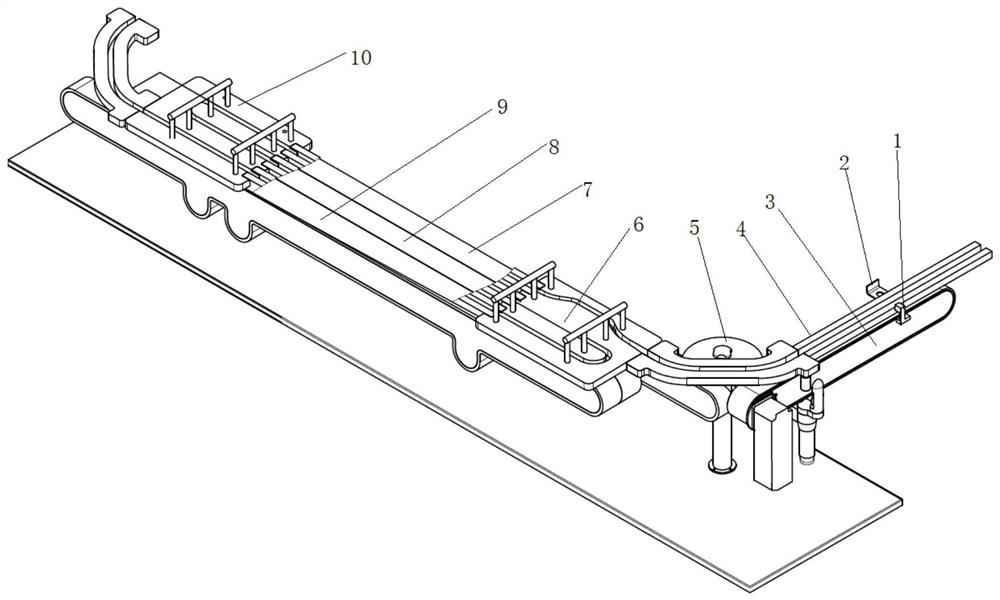 Device and method for controlling bottle toppling in snakelike mesh belt conveying process