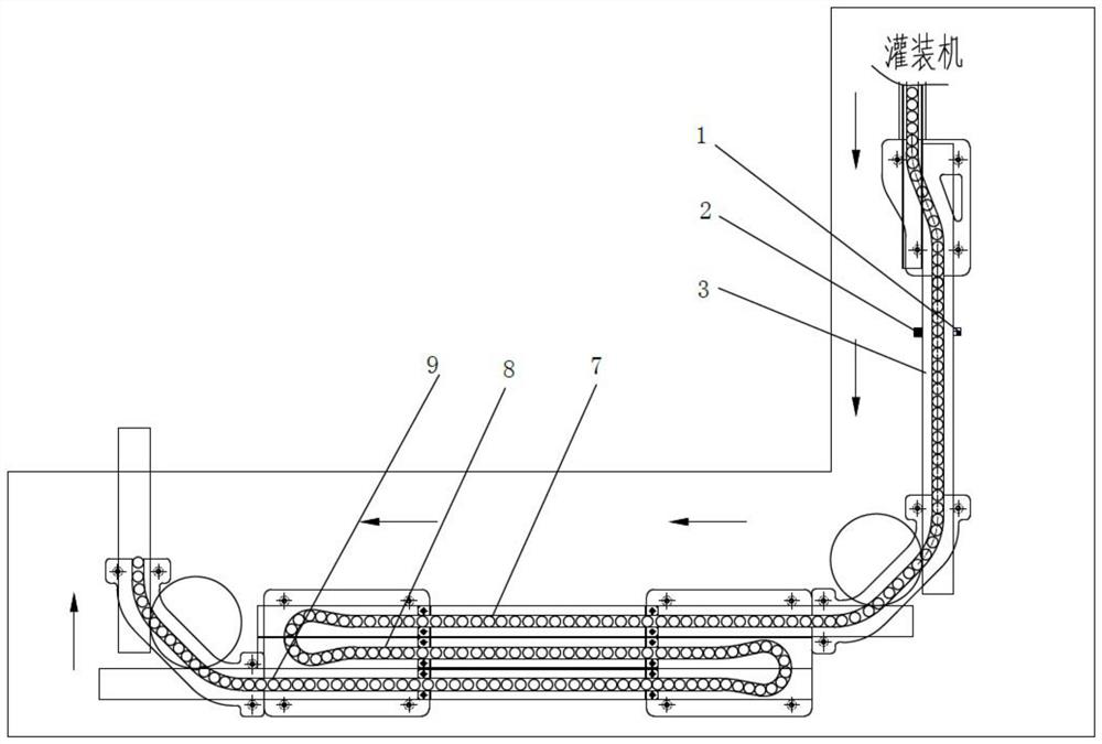 Device and method for controlling bottle toppling in snakelike mesh belt conveying process