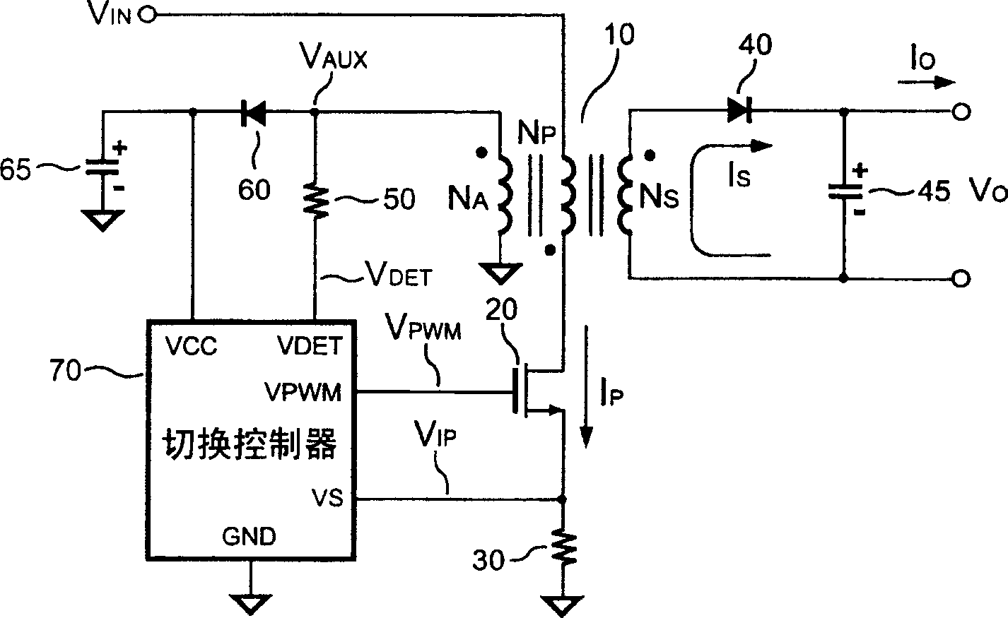 Switching control device for primary side control output current of power supply