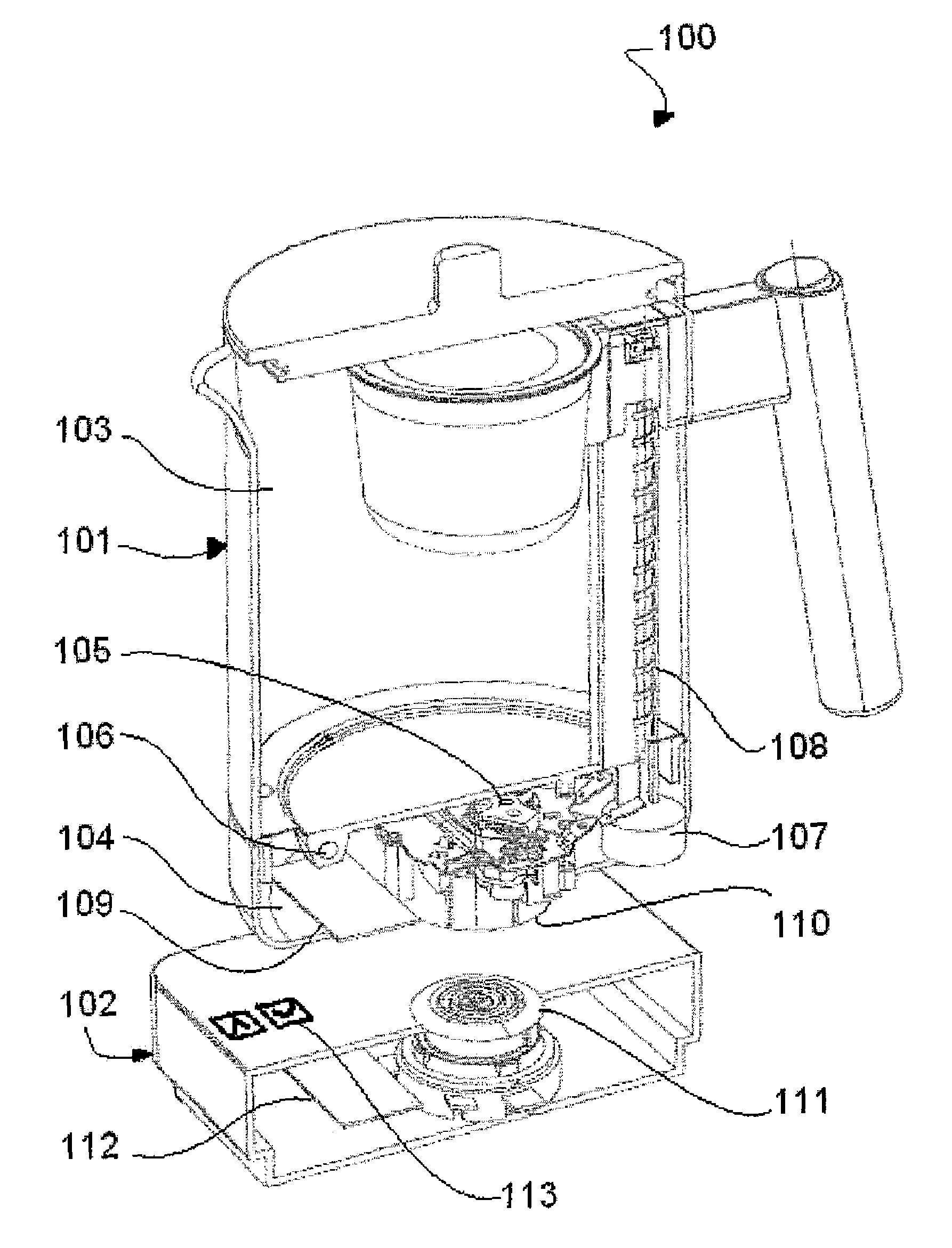 Cordless kettle with data communication with cordless base