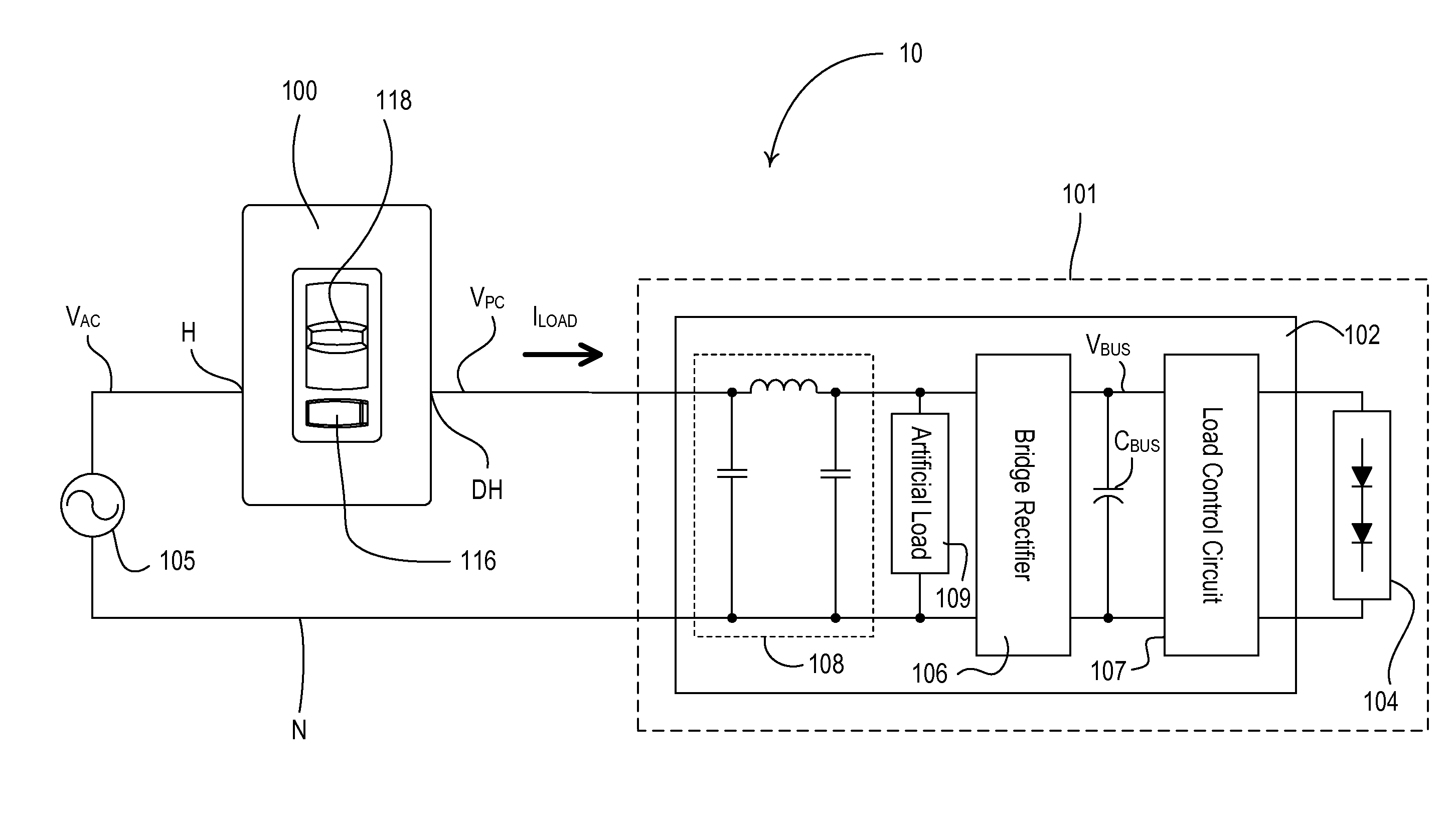 Two-wire dimmer switch for low-power loads