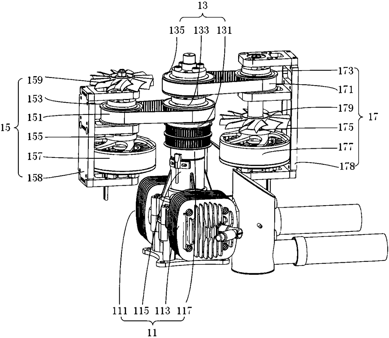 Opposed power generation module, and unmanned aerial vehicle containing opposed power generation module