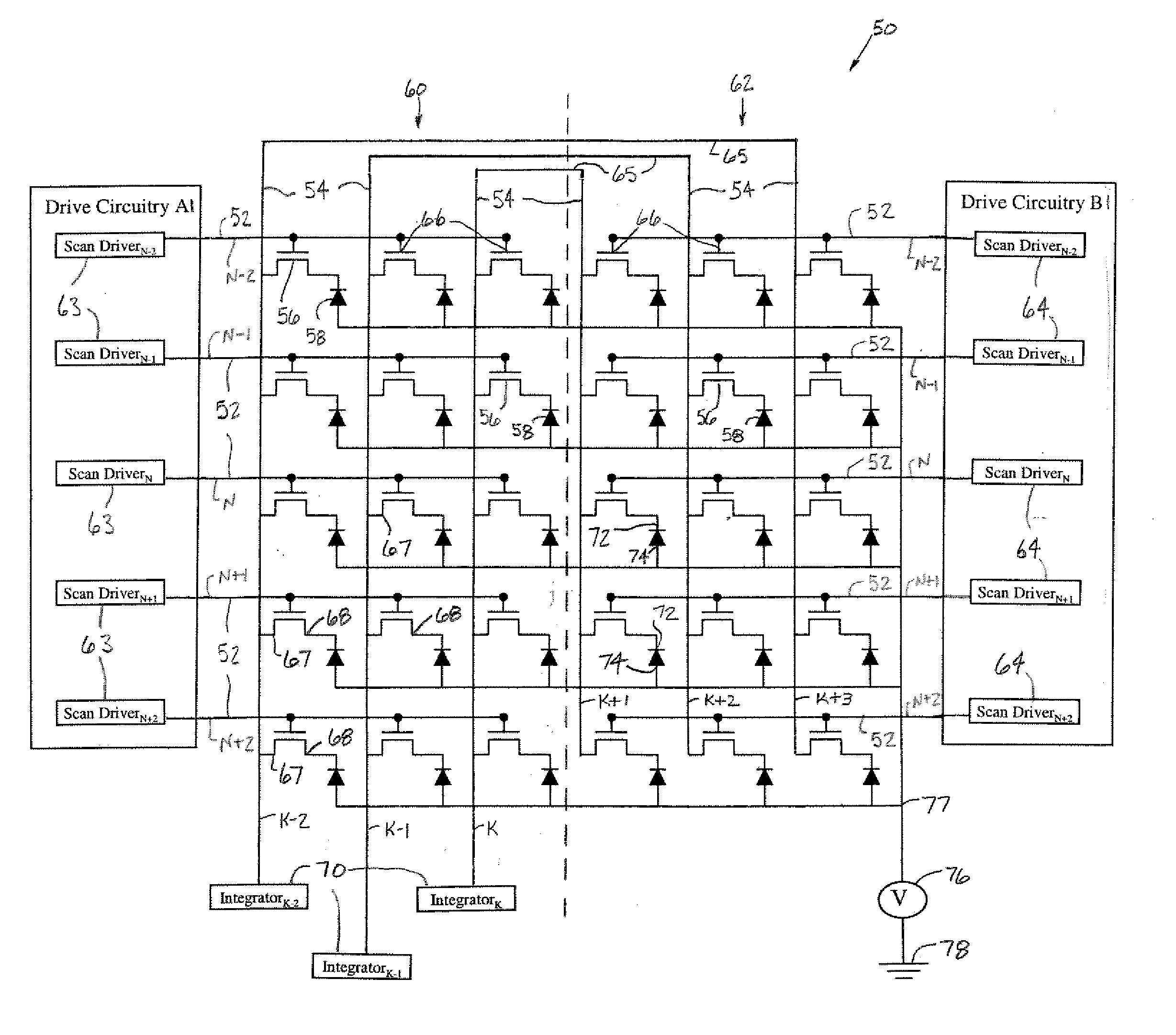 Split scan line and combined data line x-ray detectors