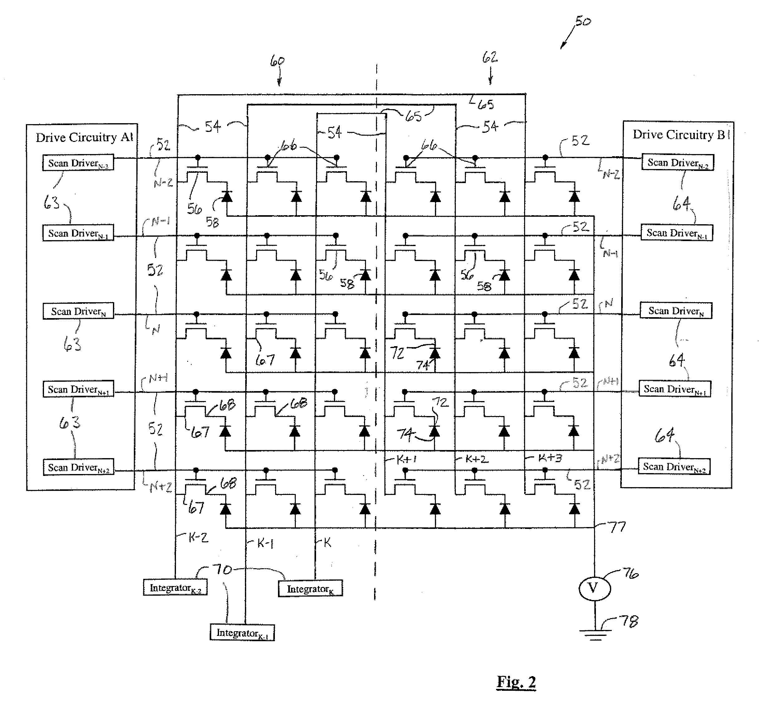 Split scan line and combined data line x-ray detectors