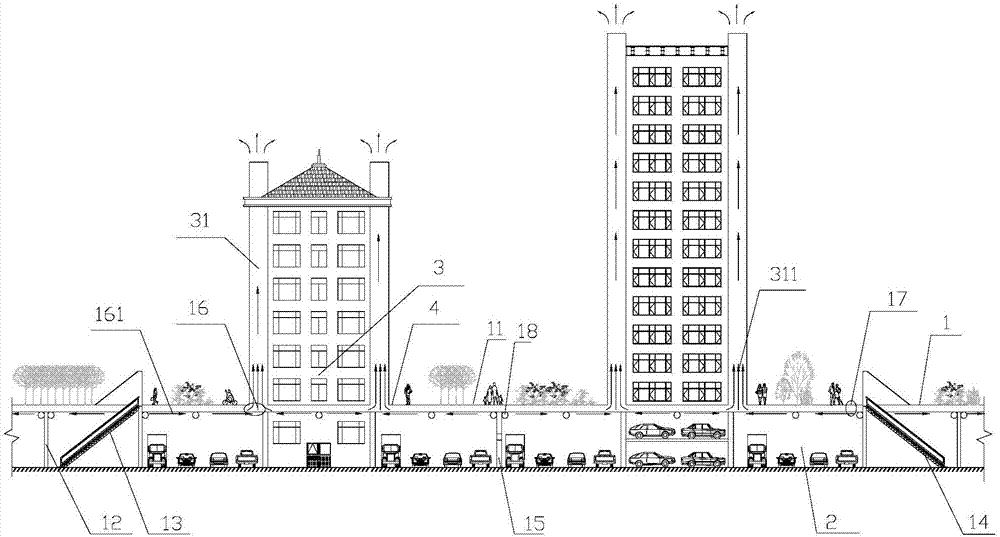 Method of solving problems of traffic congestion and exhaust emission through overpass pedestrian-vehicle separation technology