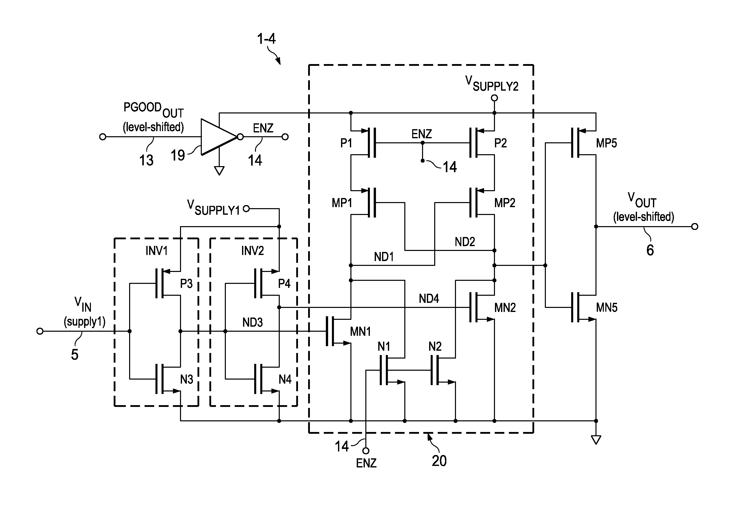 Supply-state-enabled level shifter interface circuit and method