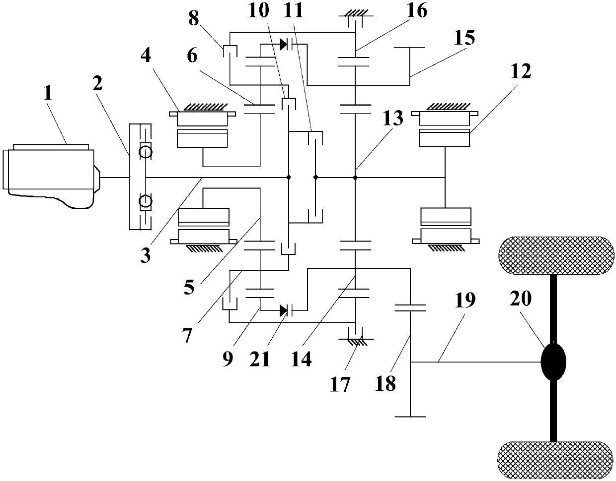 Double planetary row multi-mode hybrid vehicle drive system