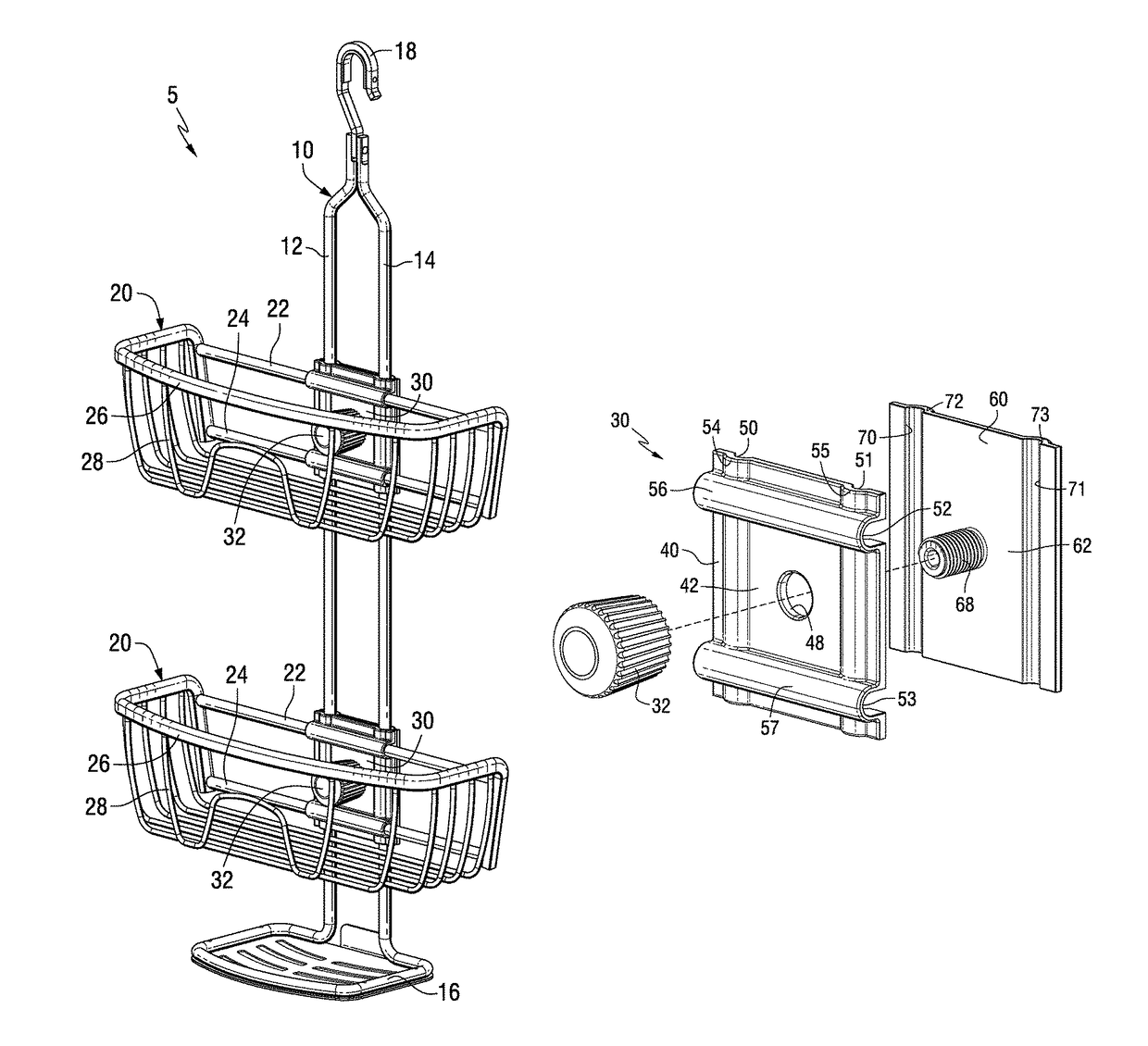 Shower caddies with adjustable baskets