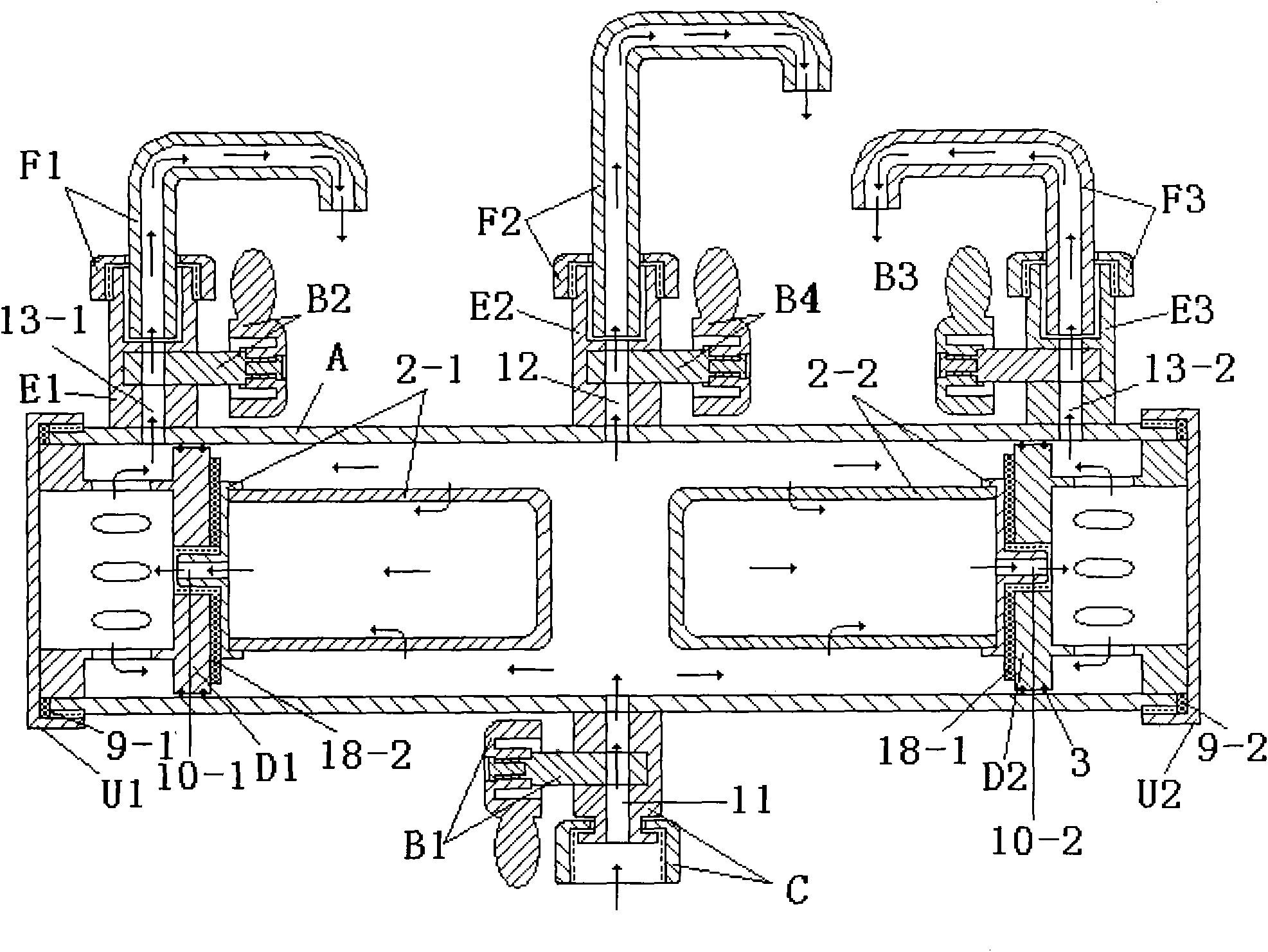 Horizontal tri-tube conjoined cock with water filter