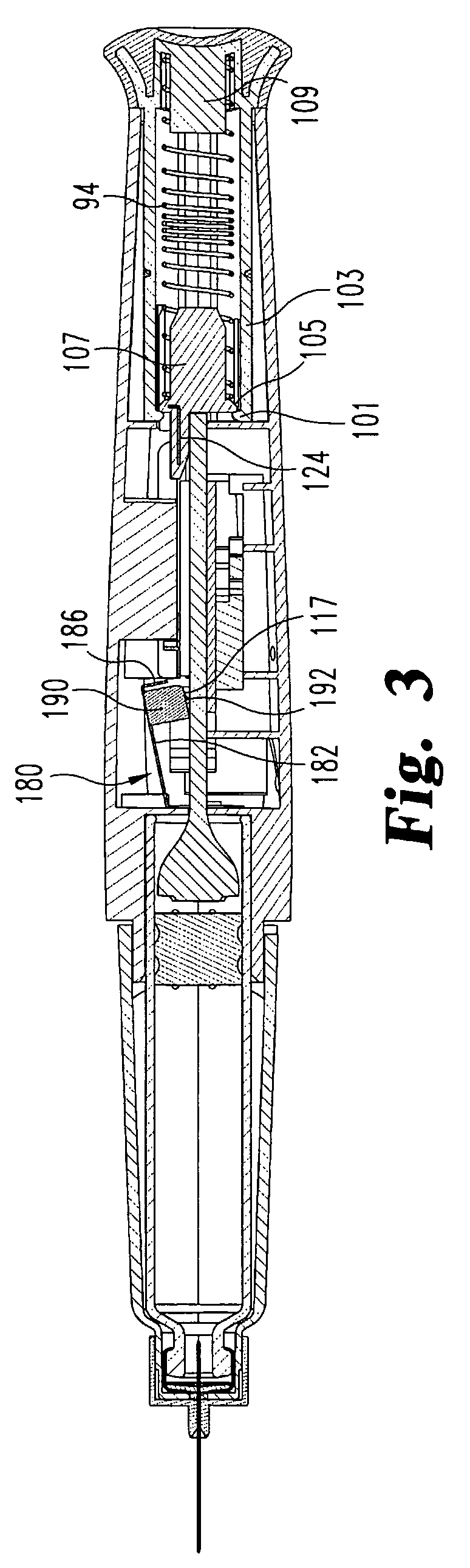 Medication dispensing apparatus with spring-driven locking feature enabled by administration of final dose