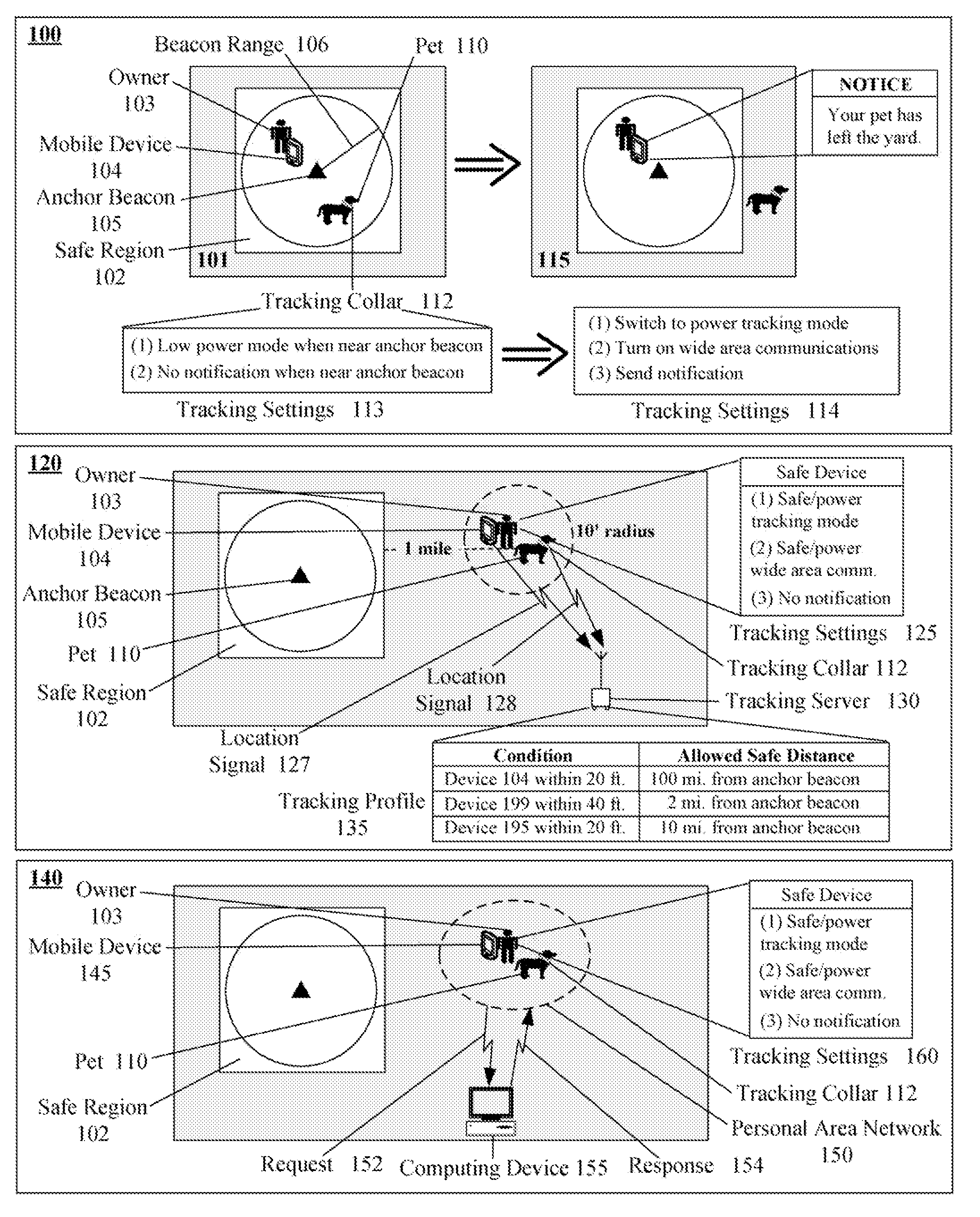 Tracking device that conserves power using a sleep mode when proximate to an anchor beacon