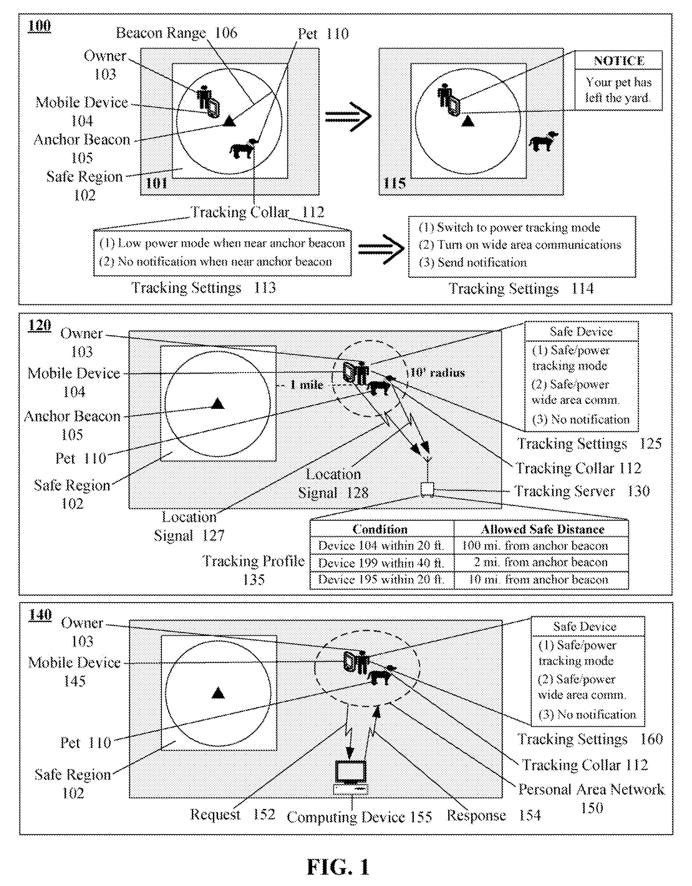 Tracking device that conserves power using a sleep mode when proximate to an anchor beacon