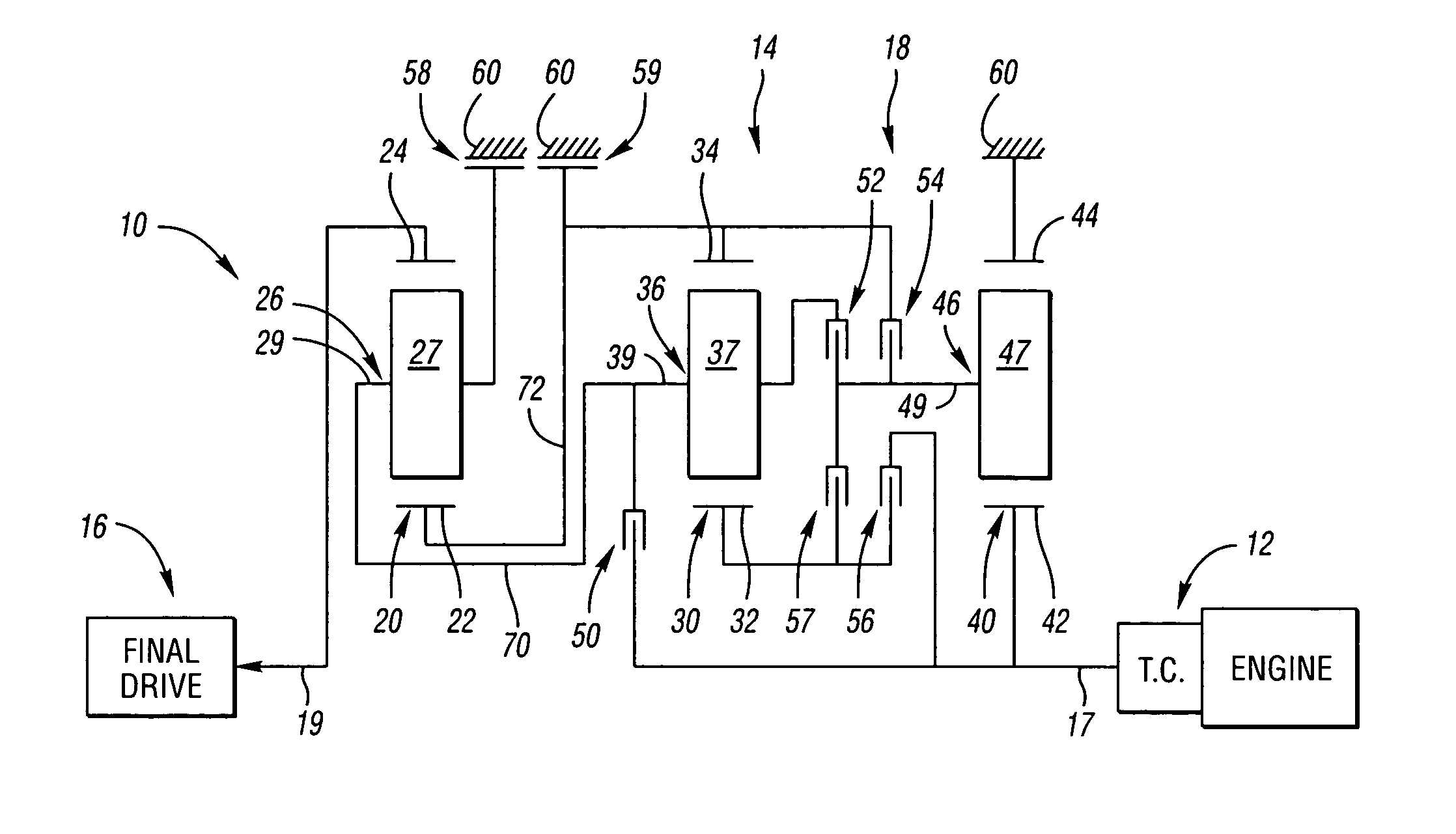 Wide ratio transmissions with a stationary planetary gear member and at least five clutches