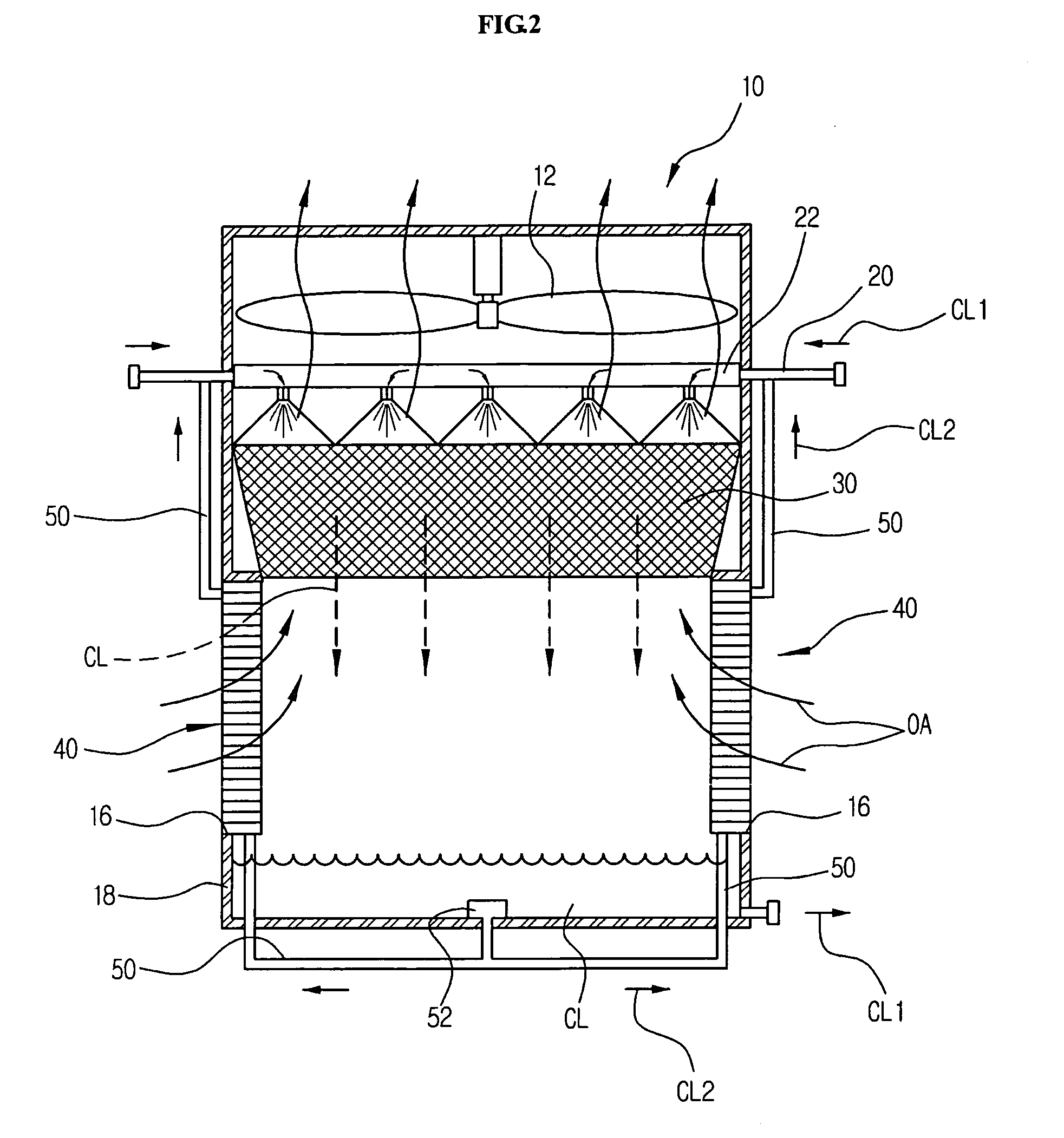 Method and apparatus for evaporative cooling of a cooling fluid