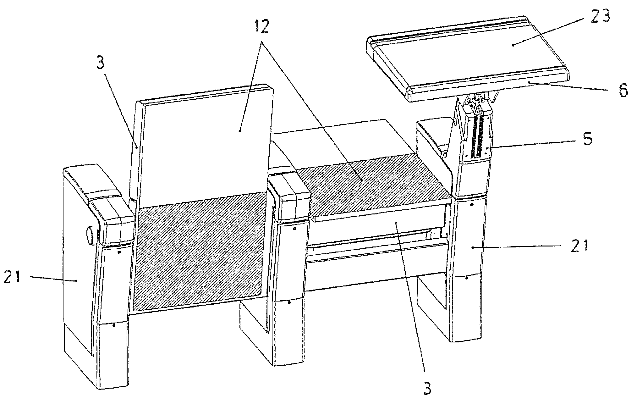 Chair and table for conference halls and similar