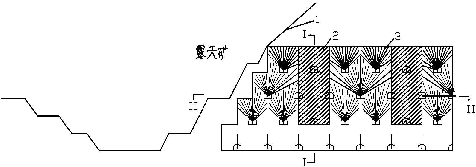 Drift-pillar-free sublevel barnyard caving mining method of open pit transferred underground transitional period