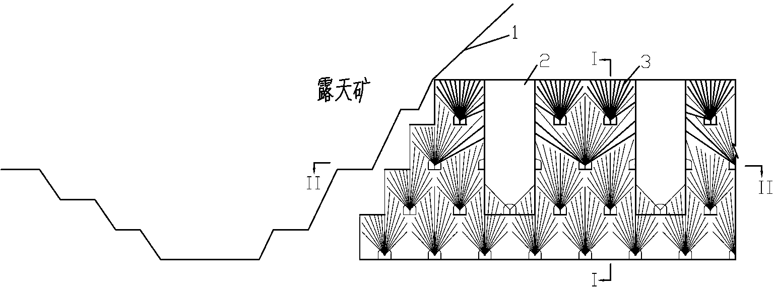 Drift-pillar-free sublevel barnyard caving mining method of open pit transferred underground transitional period