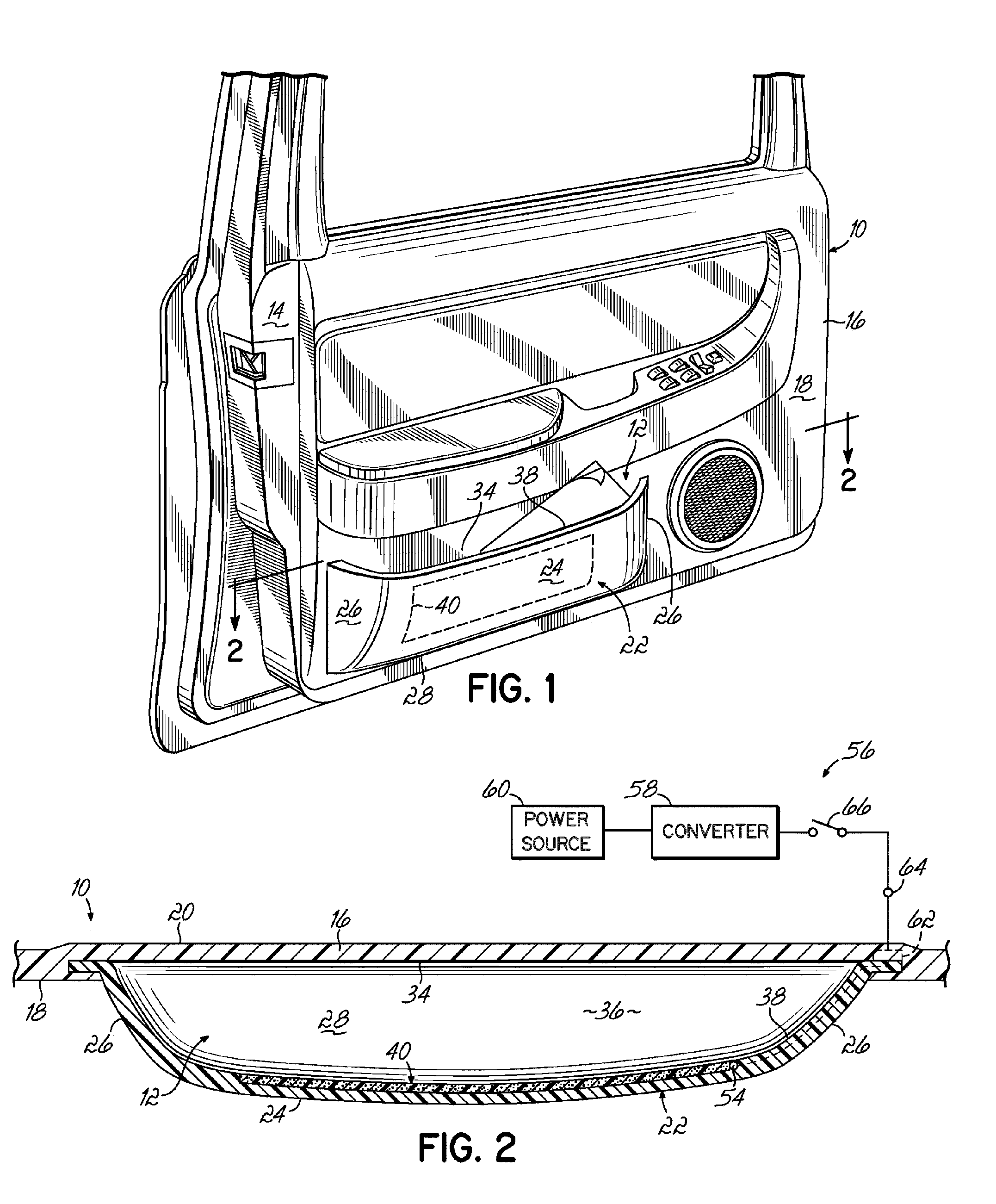 Automotive map pocket having an electroluminescent lamp and method of making the same