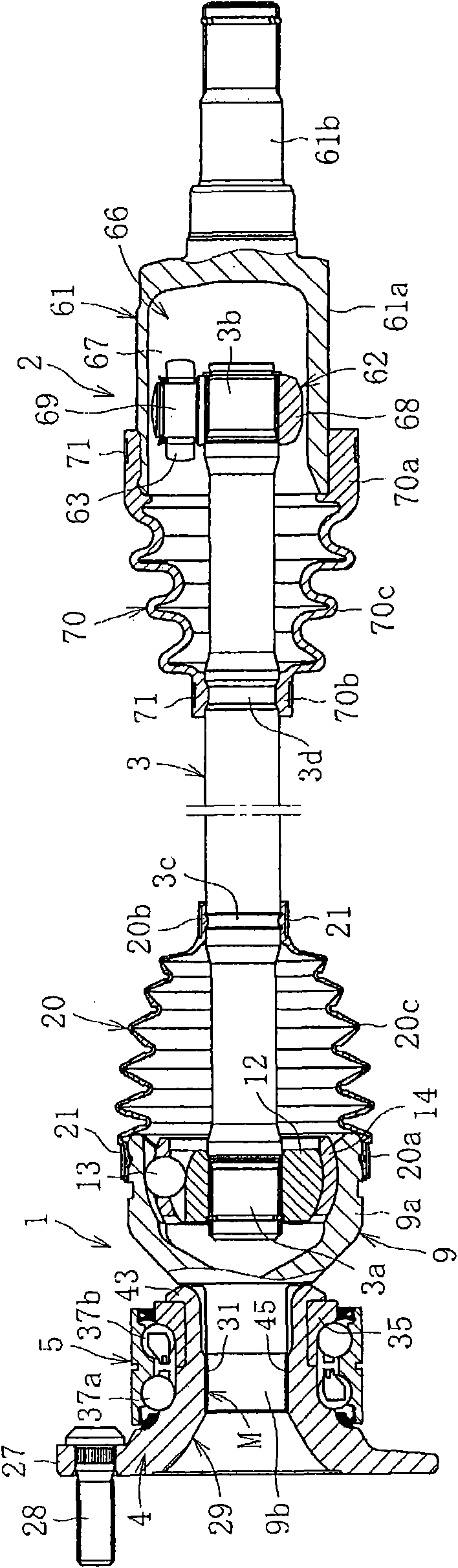 Bearing device for wheel, method of assembling bearing device for wheel, assembly constructed from bearing device for wheel and from drive shaft, and method of assembling assembly