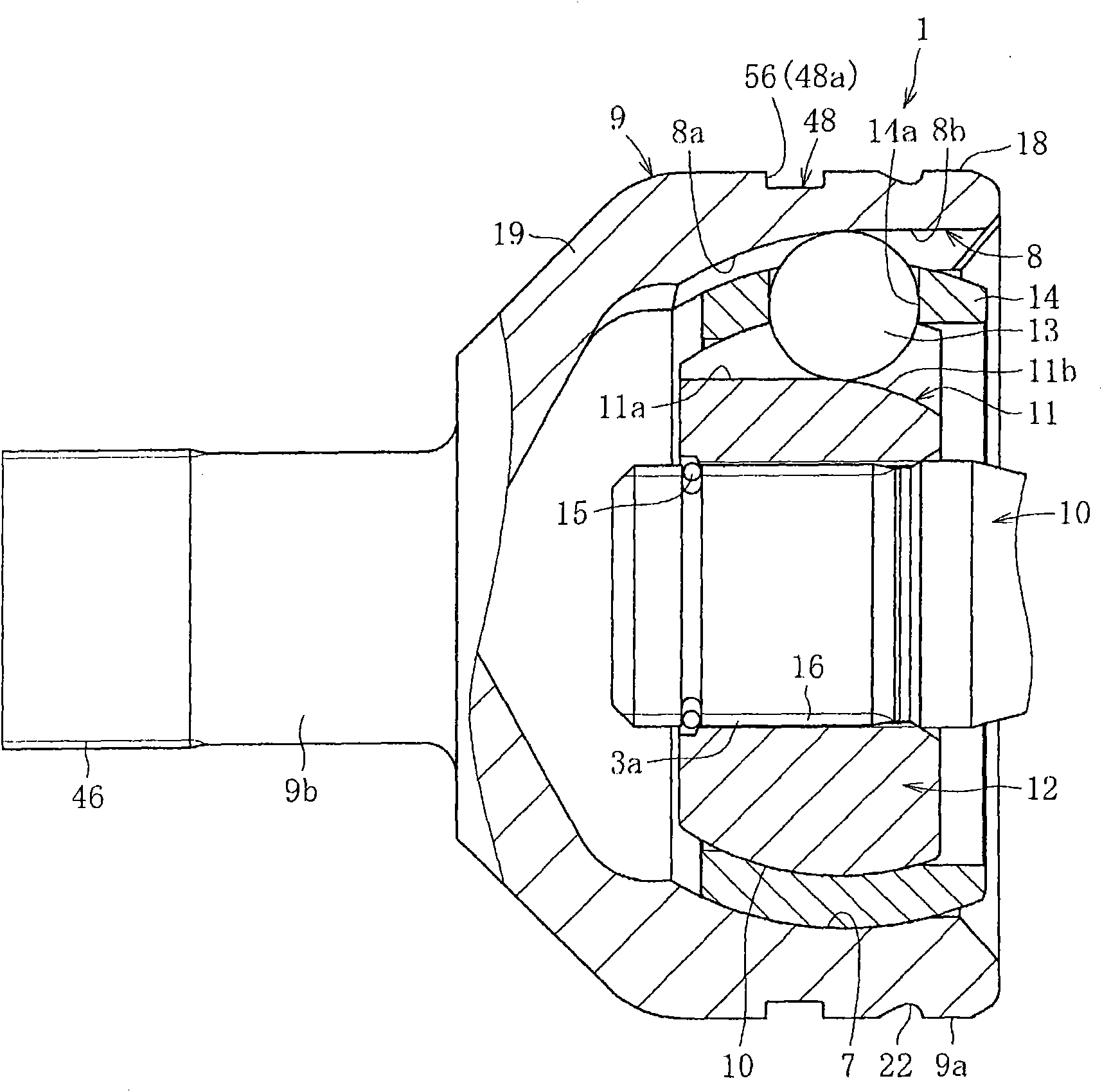 Bearing device for wheel, method of assembling bearing device for wheel, assembly constructed from bearing device for wheel and from drive shaft, and method of assembling assembly