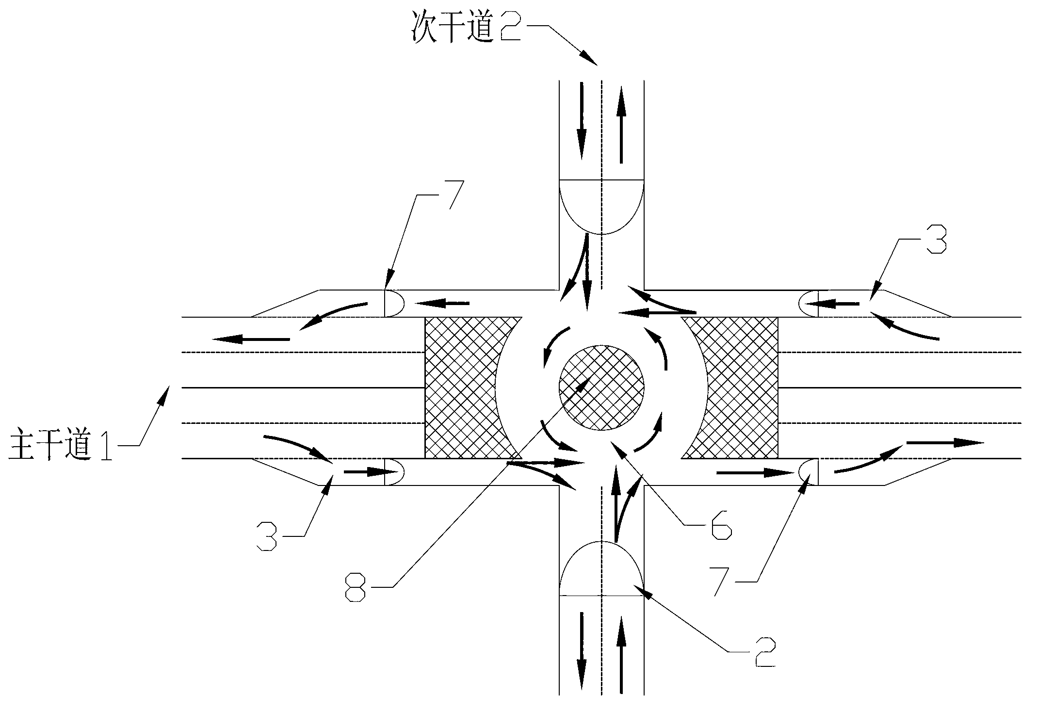 Large-traffic-volume three-dimensional interchange shunt system at downtown area intersection