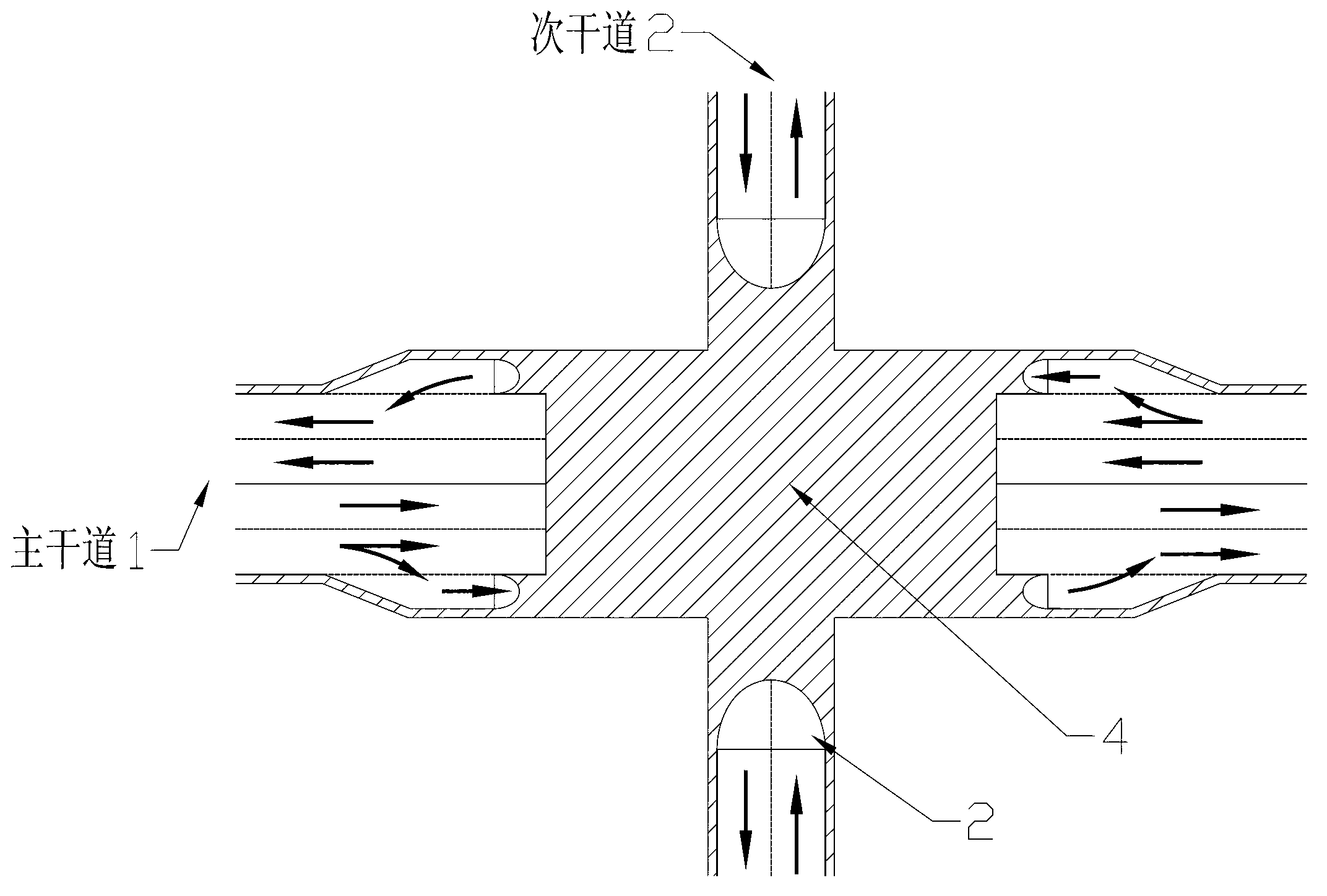 Large-traffic-volume three-dimensional interchange shunt system at downtown area intersection