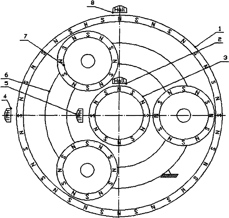 Absolute angle output sensor for planet magnet wheel of steering system of automobile