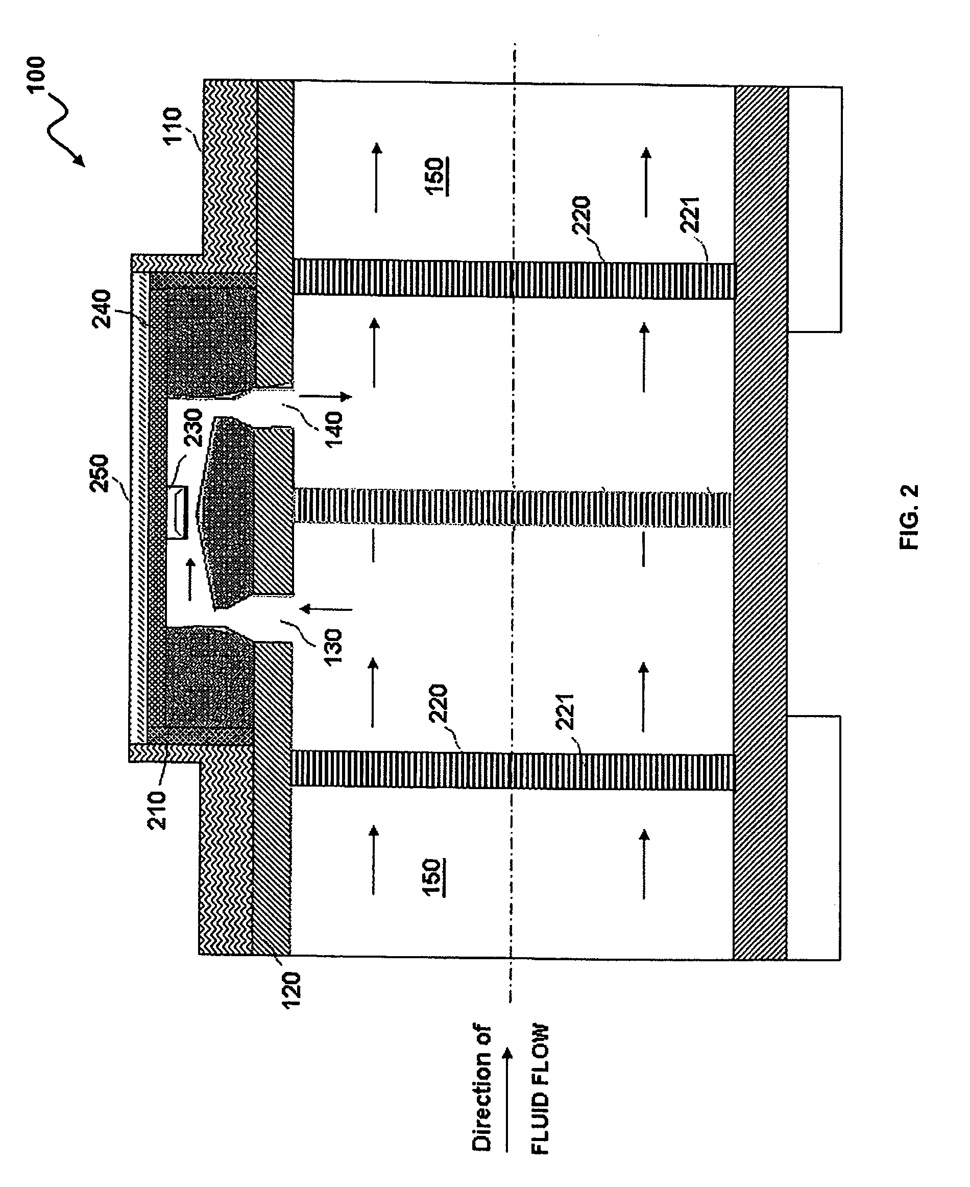 Flow sensing device including a tapered flow channel