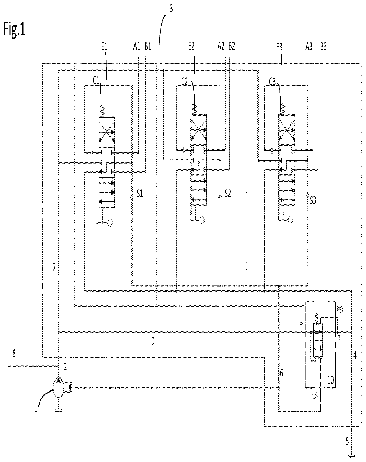 Hydraulic distributor with valve device with active discharge in load sensing circuits