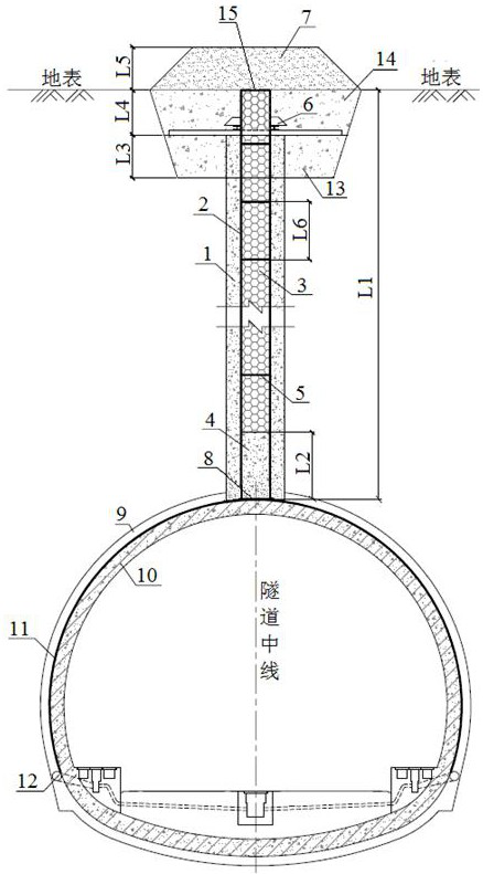 Large-buried-depth tunnel top vertical shaft backfilling load-reducing structure and construction method thereof