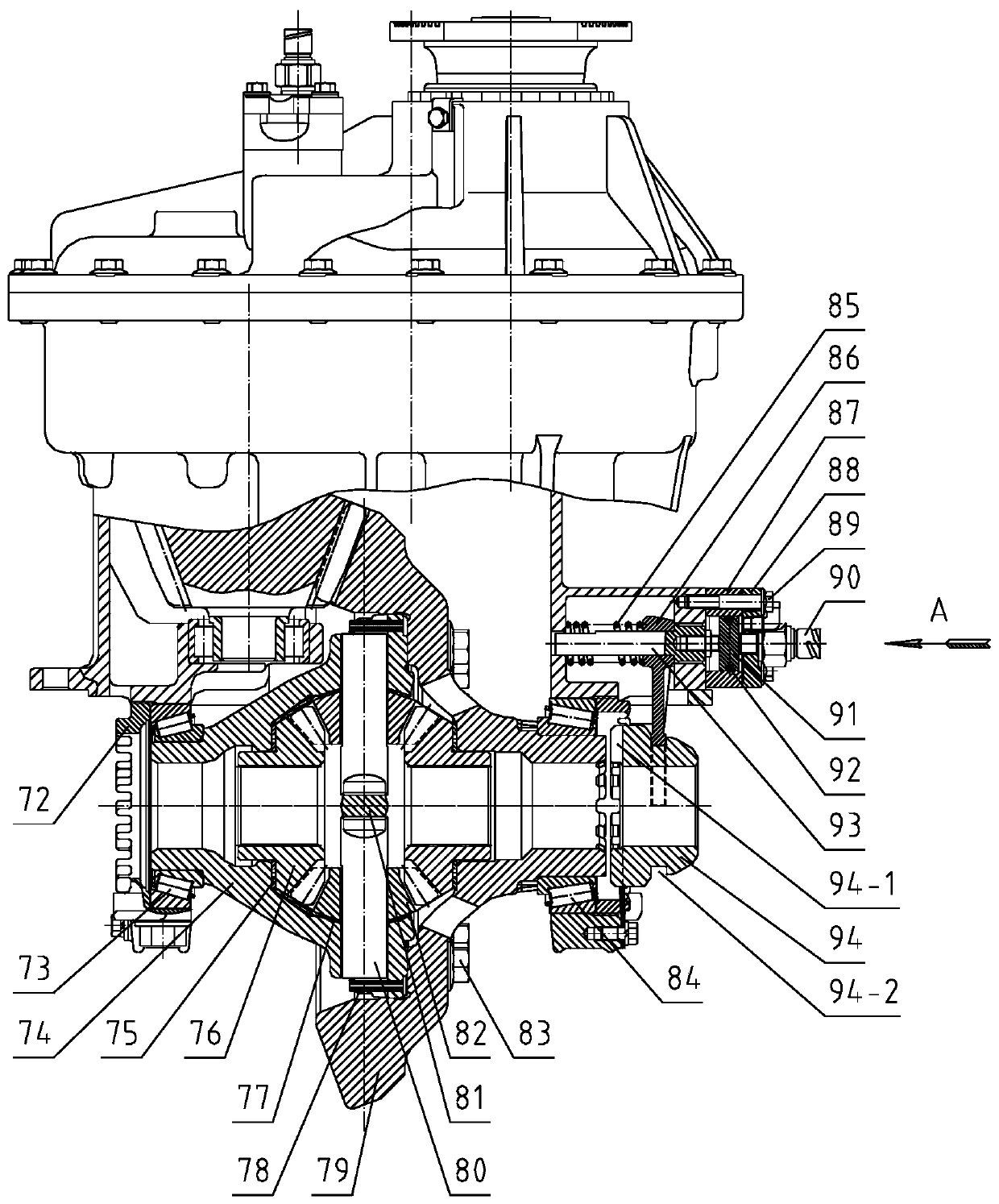 Medium bridge main speed reducer assembly with through shaft disengagement and engagement device