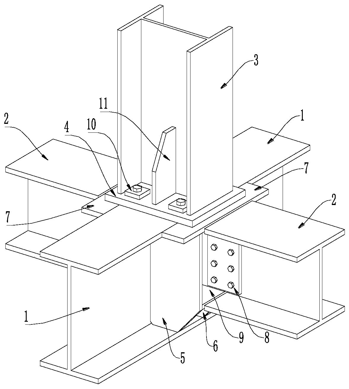 Connection joint structure of steel column supported by steel beams