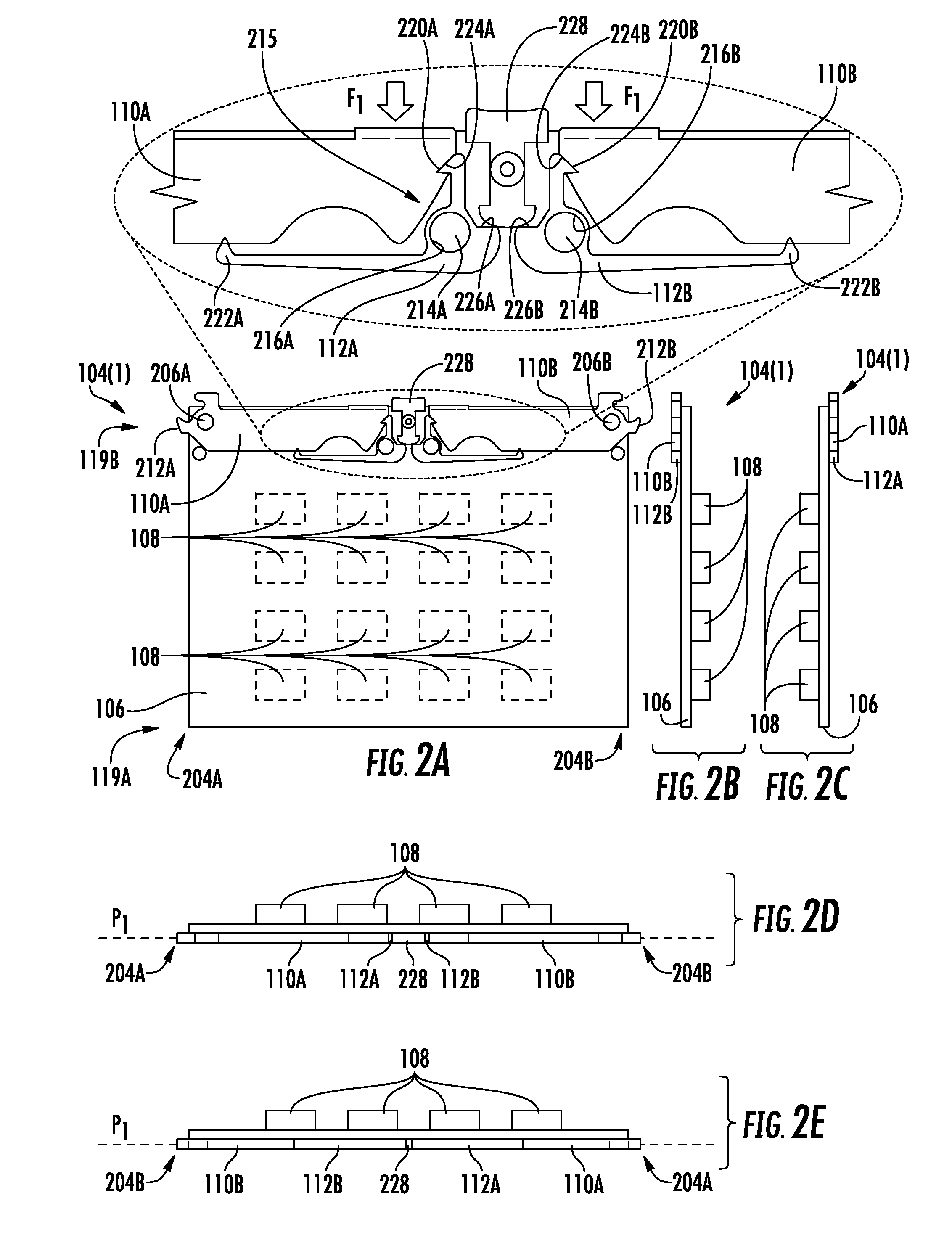 Modular enclosure elements employing cams forming detent features with latches