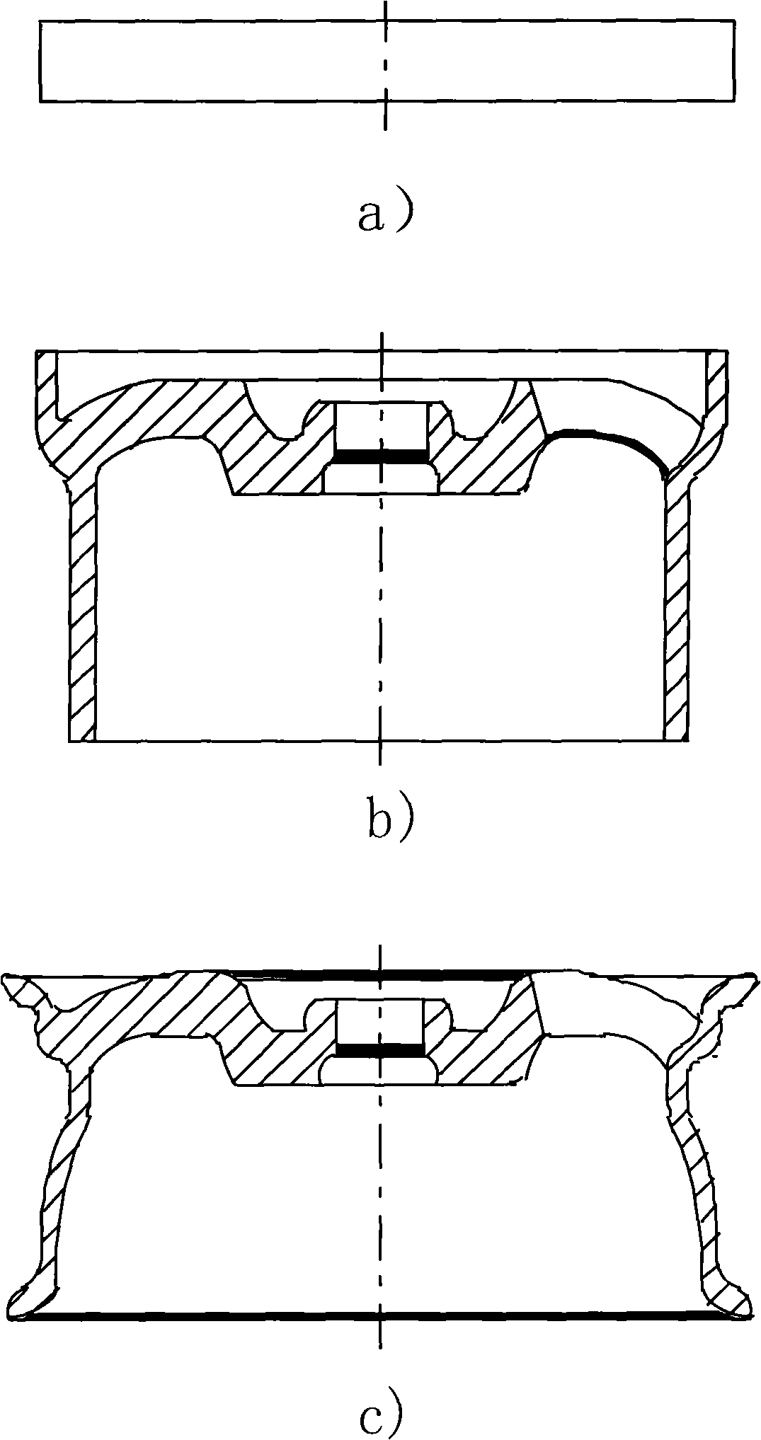 Two-step plasticity forming method of vehicle wheel hub and mated forming die