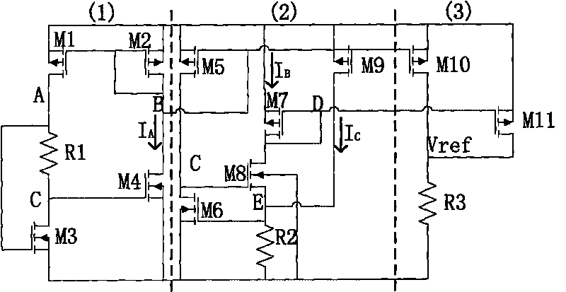 Sub-threshold reference source compensated by adopting electric resistance temperature