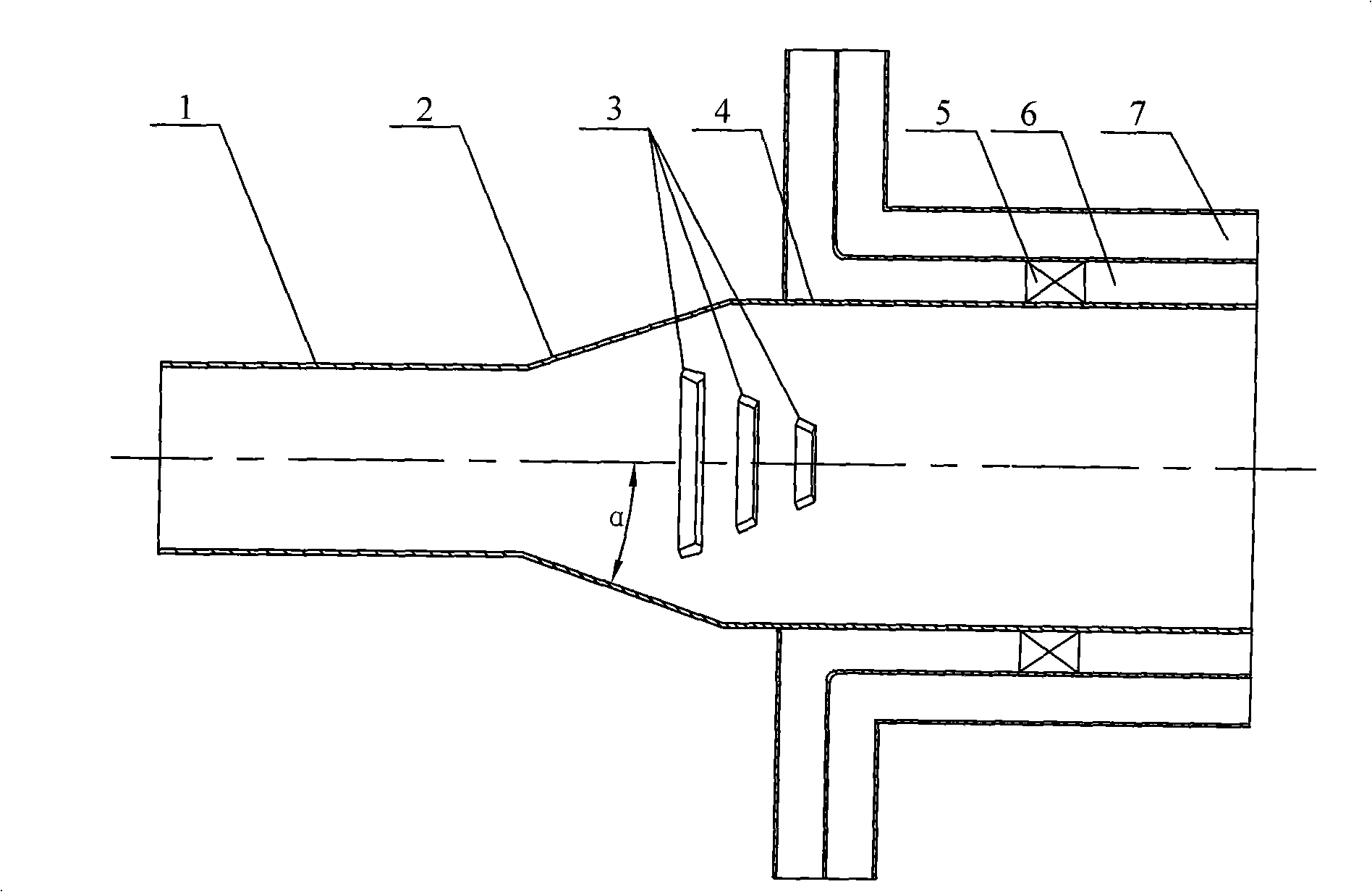 Low-resistance and low-NOx rotational flow coal powder burner with divergent segment