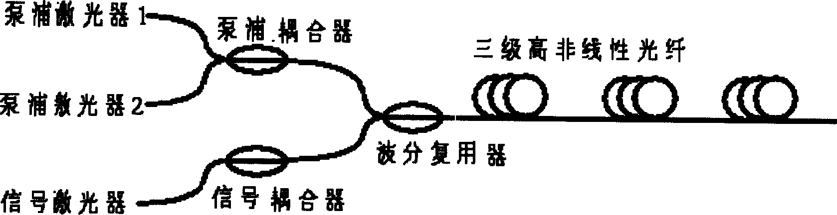 Double pump wide band optical fiber parameter amplifier