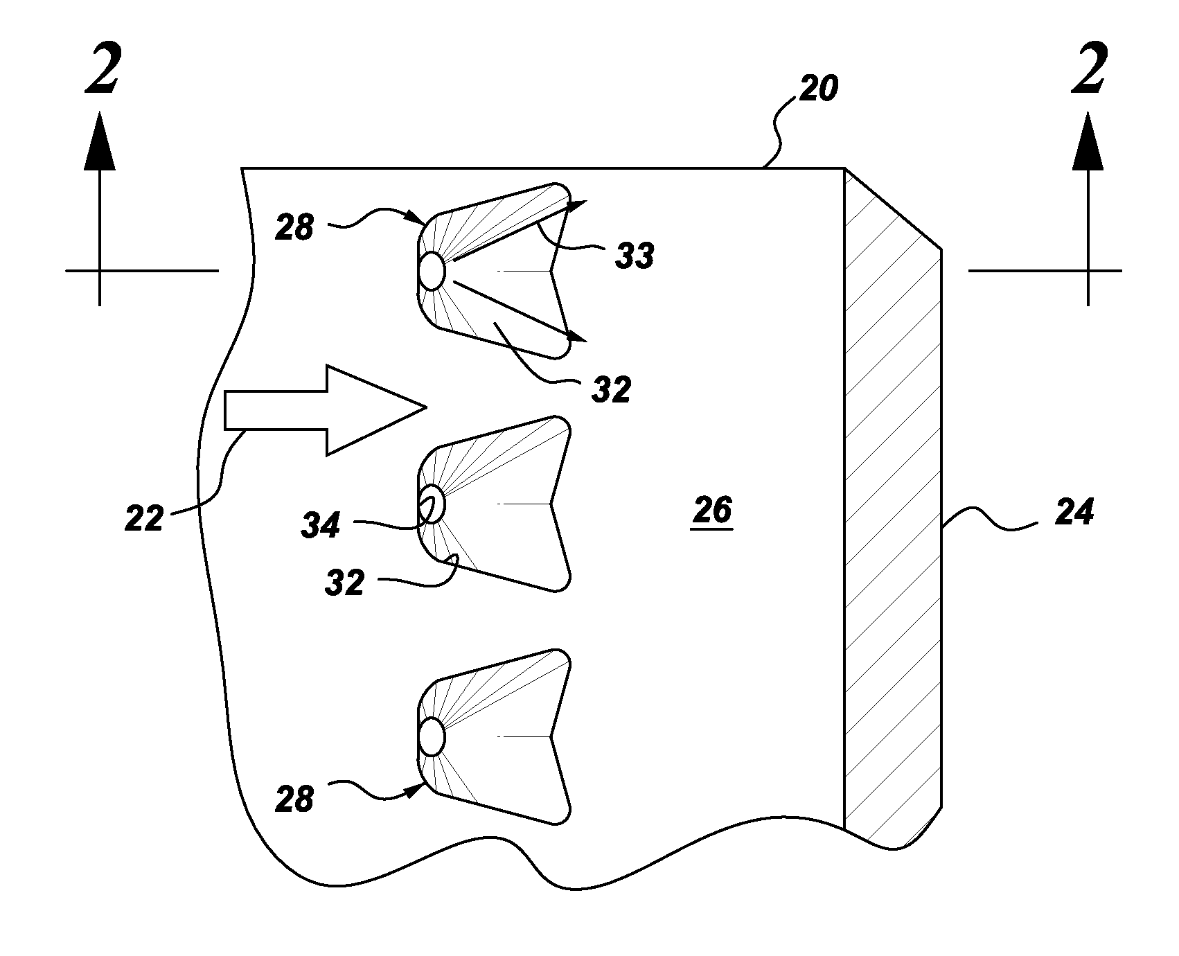 Articles which include chevron film cooling holes, and related processes