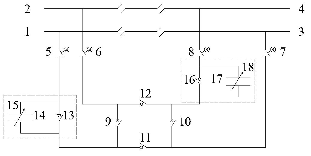 Double-track electrified railway section post main wiring with capacitive electrical device