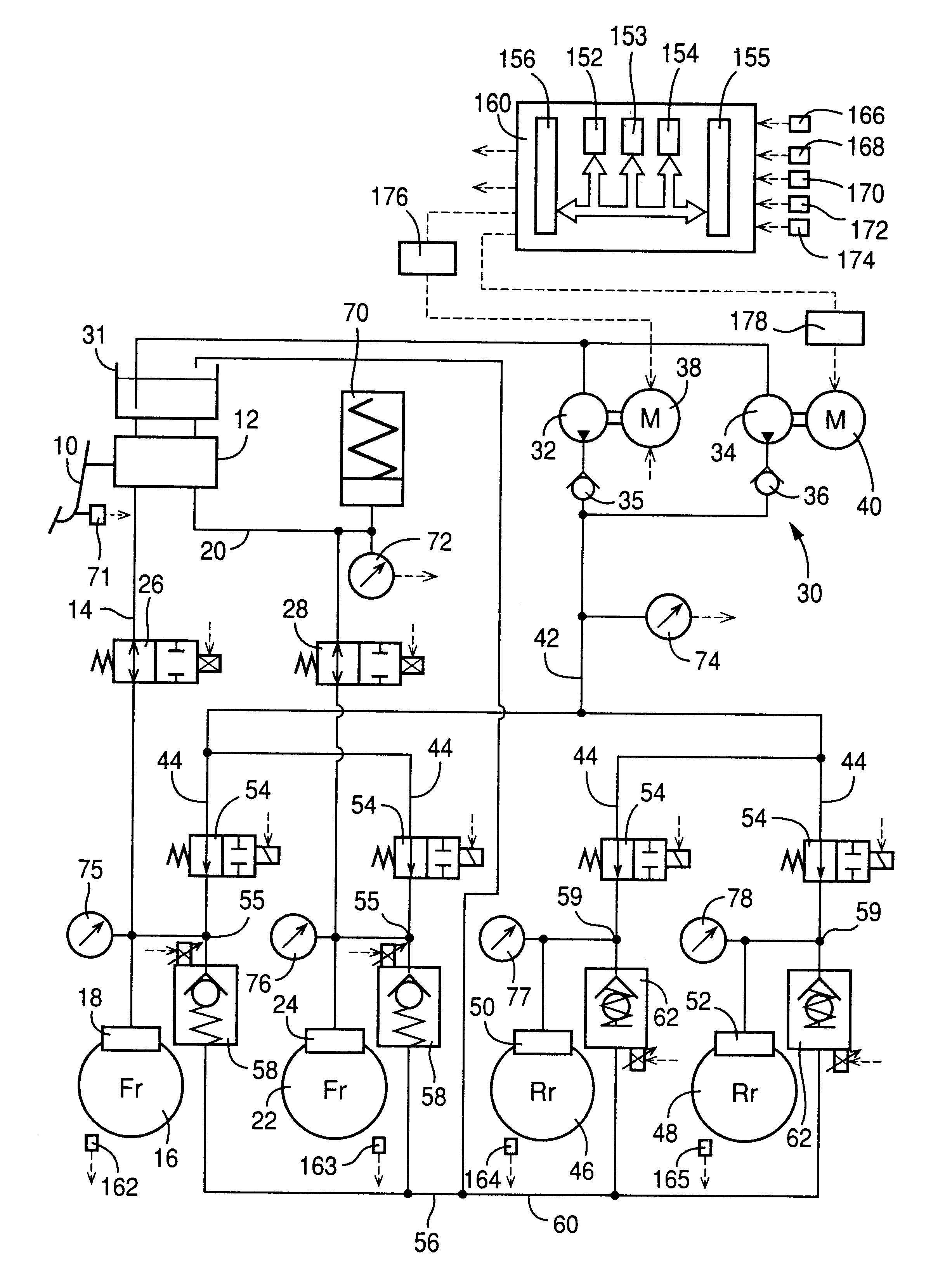 Apparatus for increasing brake cylinder pressure by controlling pump motor and reducing the pressure by controlling electric energy applied to control valve