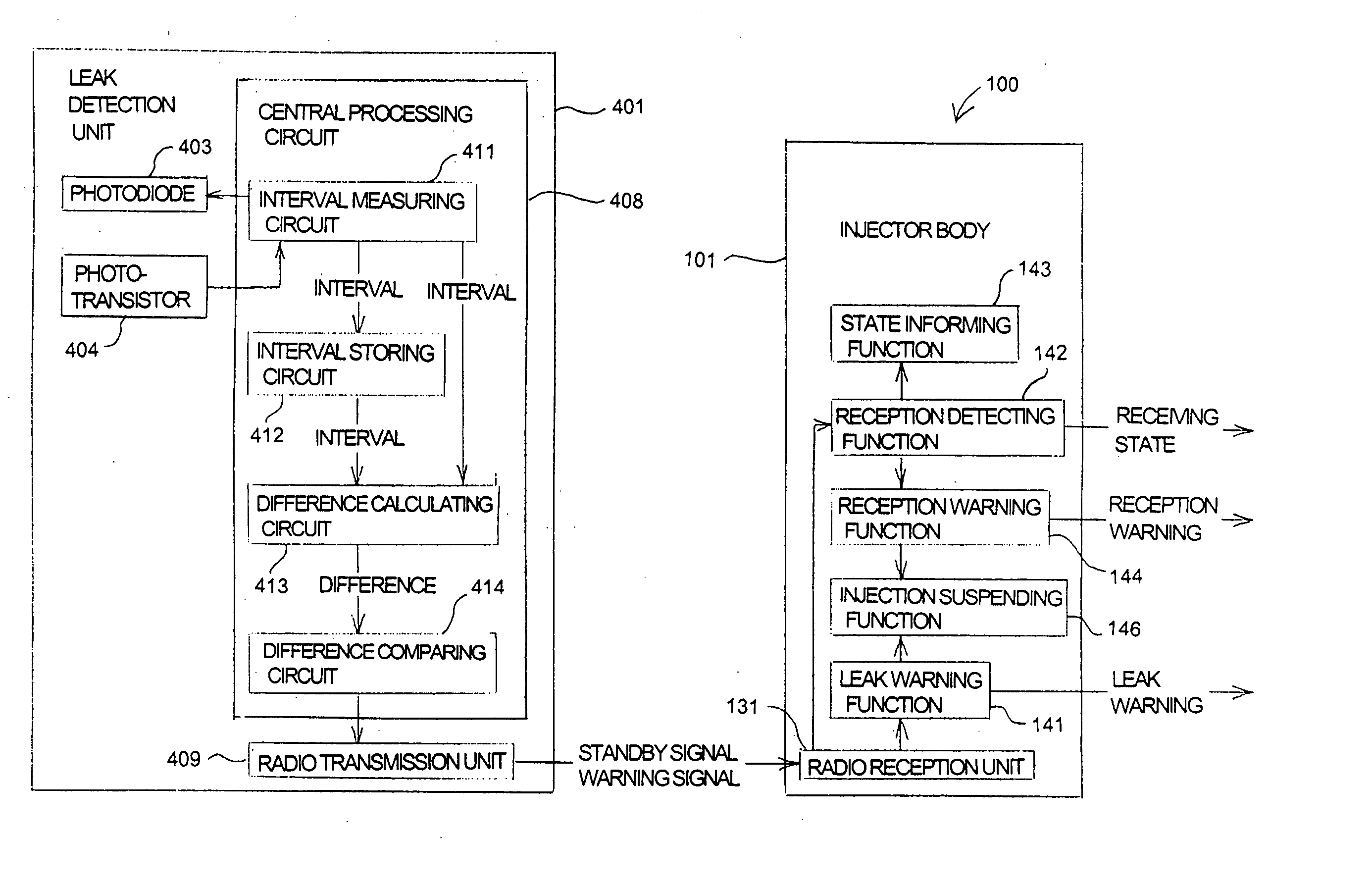 Leak detector for detecting leak of liquid injected into blood vessel using pulse signal